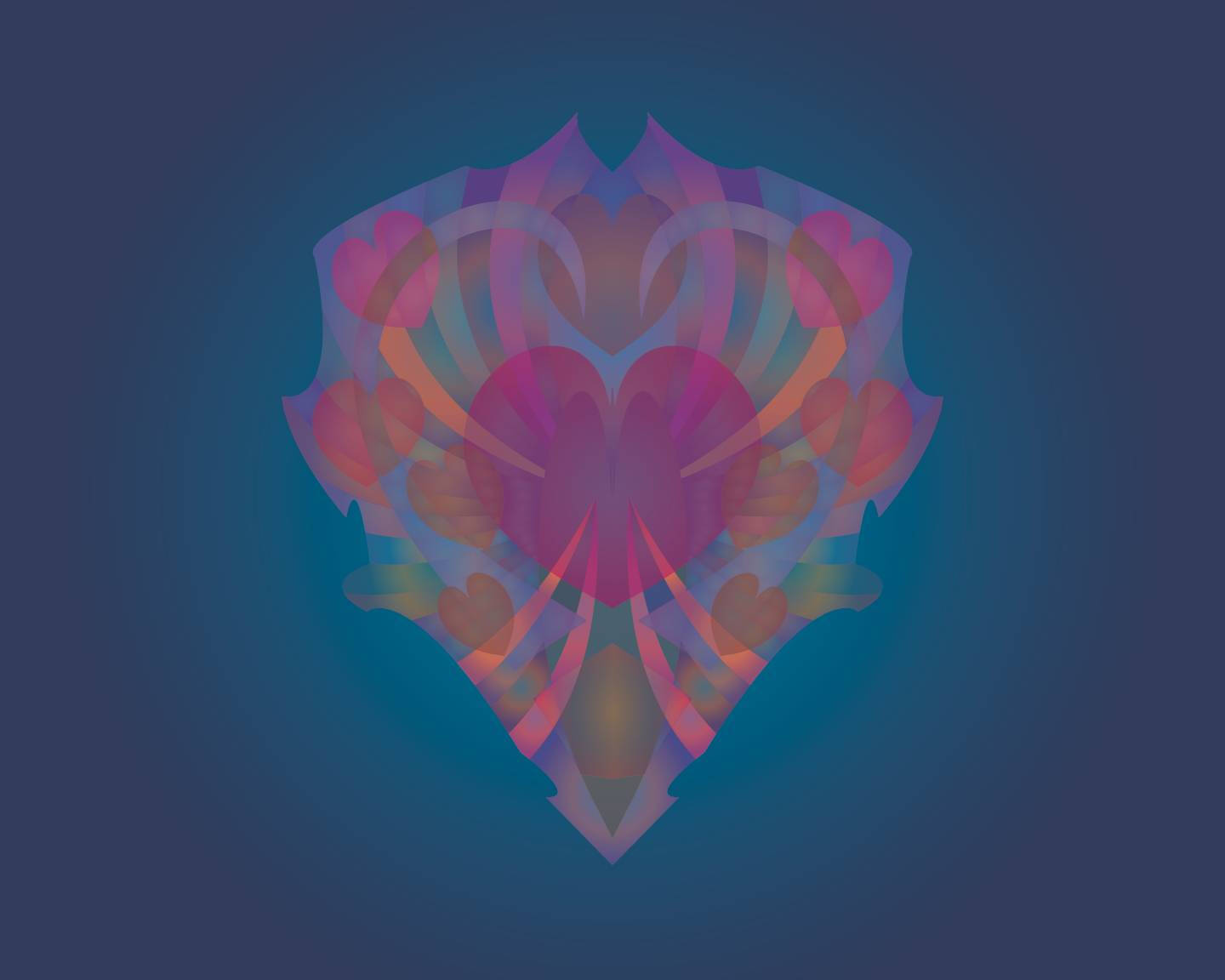An abstract design on a dark blue background. The design is made up of ten hearts of various sizes, connected in a triangular pattern by lines in various shades of blue, green, pink and orange.